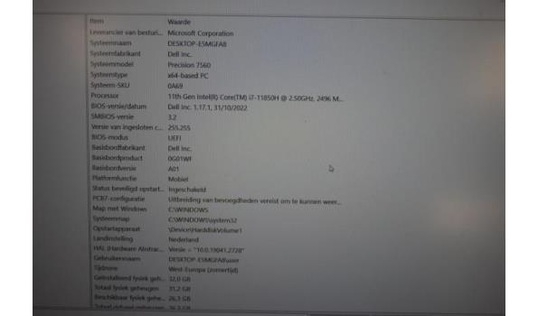 Laptop DELL, type precision 7560, core i7, 32GB RAM, paswoord niet gekend, werking niet gekend, zonder kabels